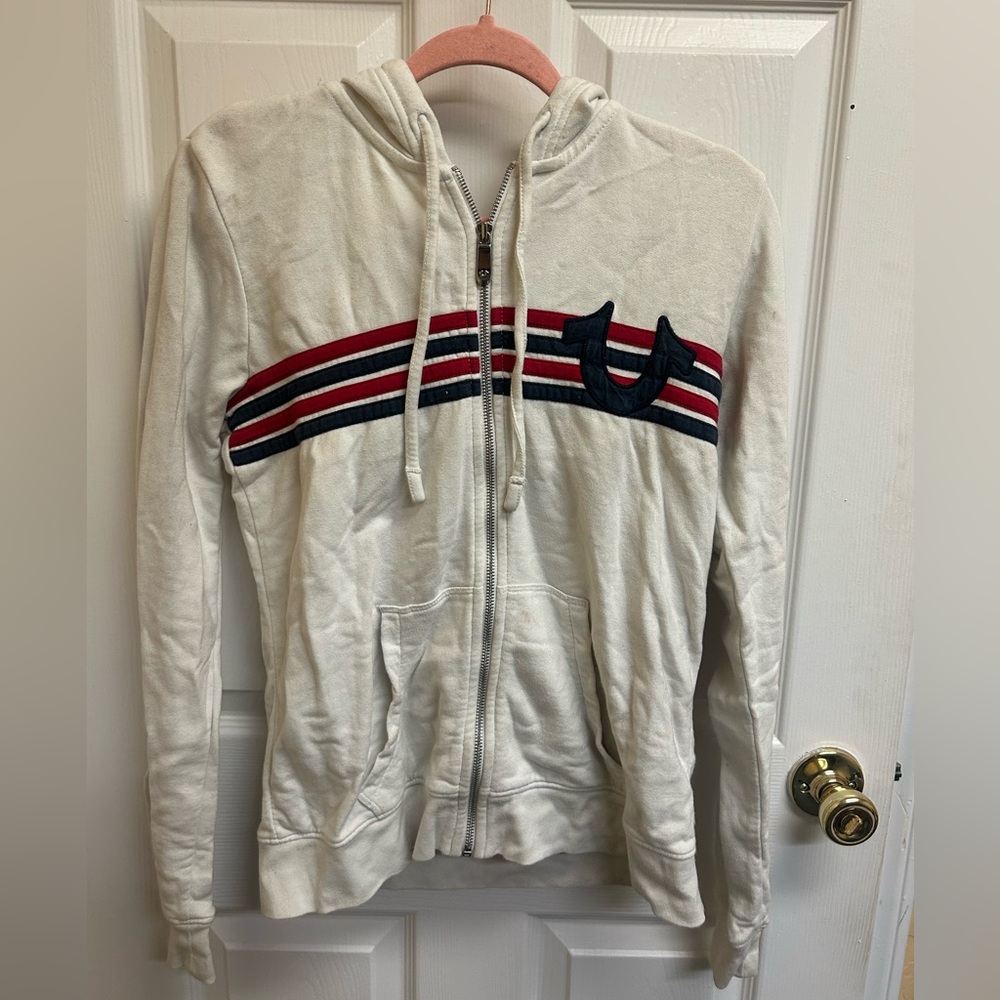 True Religion White Hoodie with Red and Blue Accents